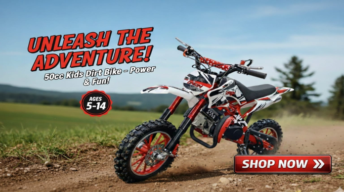 Kids 50cc dirt bike for off-road racing. Durable gas-powered motocross bike for children with safety features.